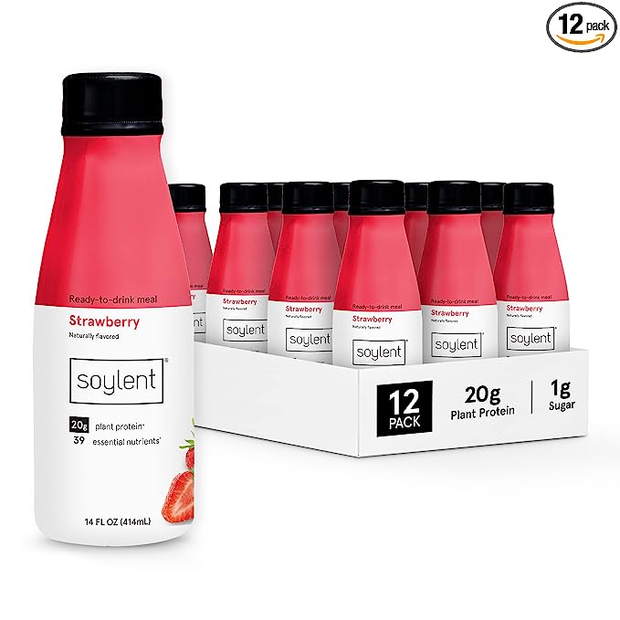 Soylent Strawberry Meal Replacement Shake, Ready-to-Drink Plant Based Protein Drink, Contains 20g Co