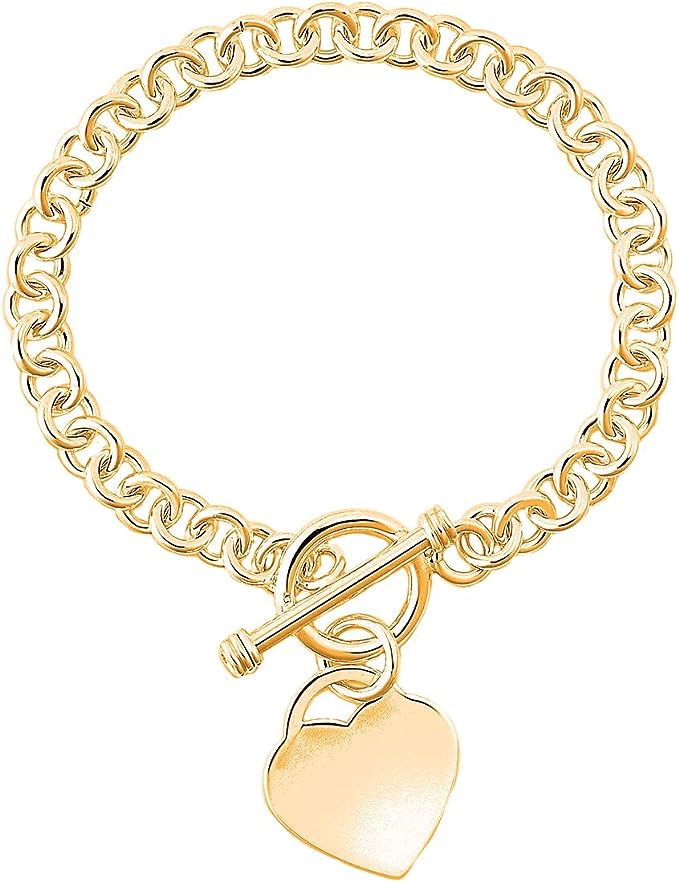Savlano 14K Gold Plated Toggle Heart Charm Bracelet -7.5” inch Rolo Chain