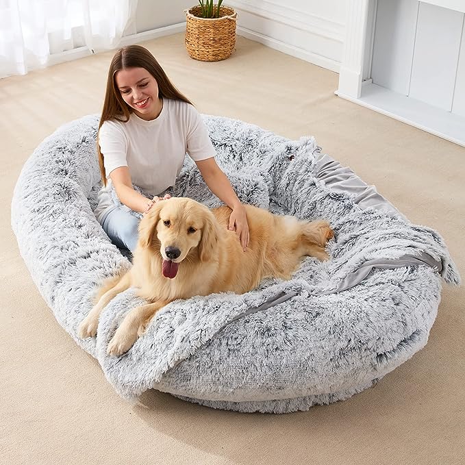 Giant Beanbag Dog Bed with Blanket-Grey Plush